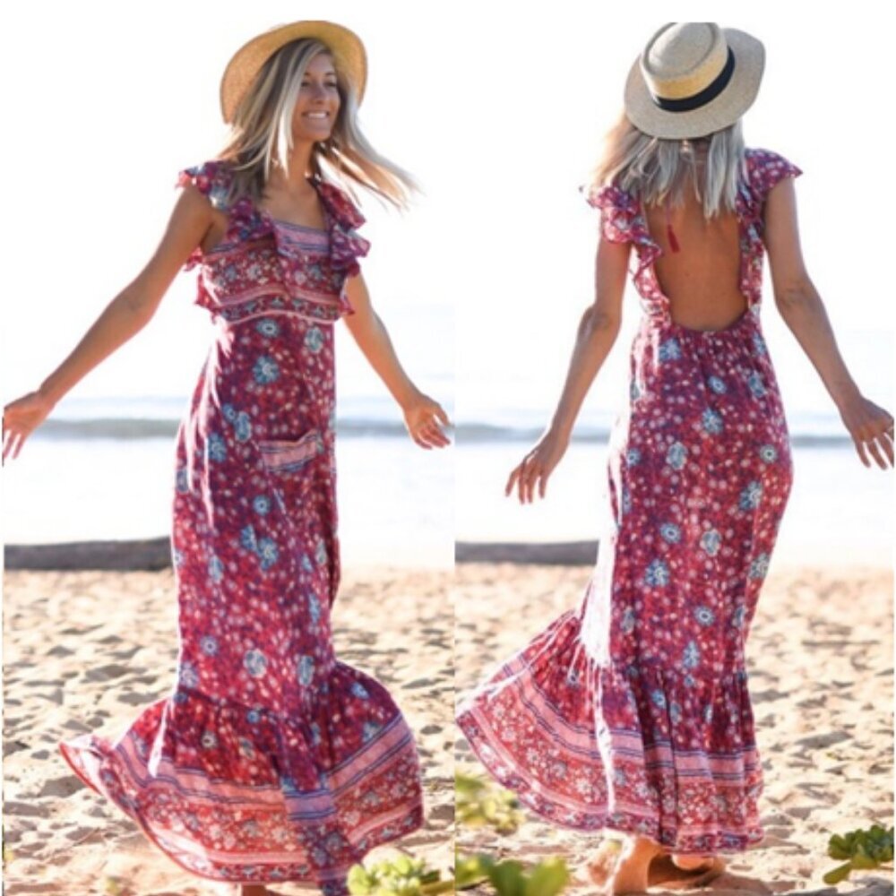 Spell & the Gypsy Folktown Frill Maxi Dress in Wine Small